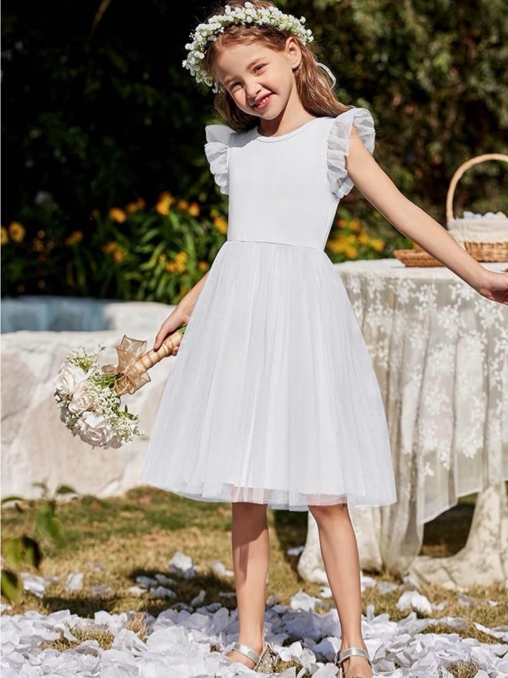 Amazon Girls White Tulle Ruffle Sleeve Party Dress